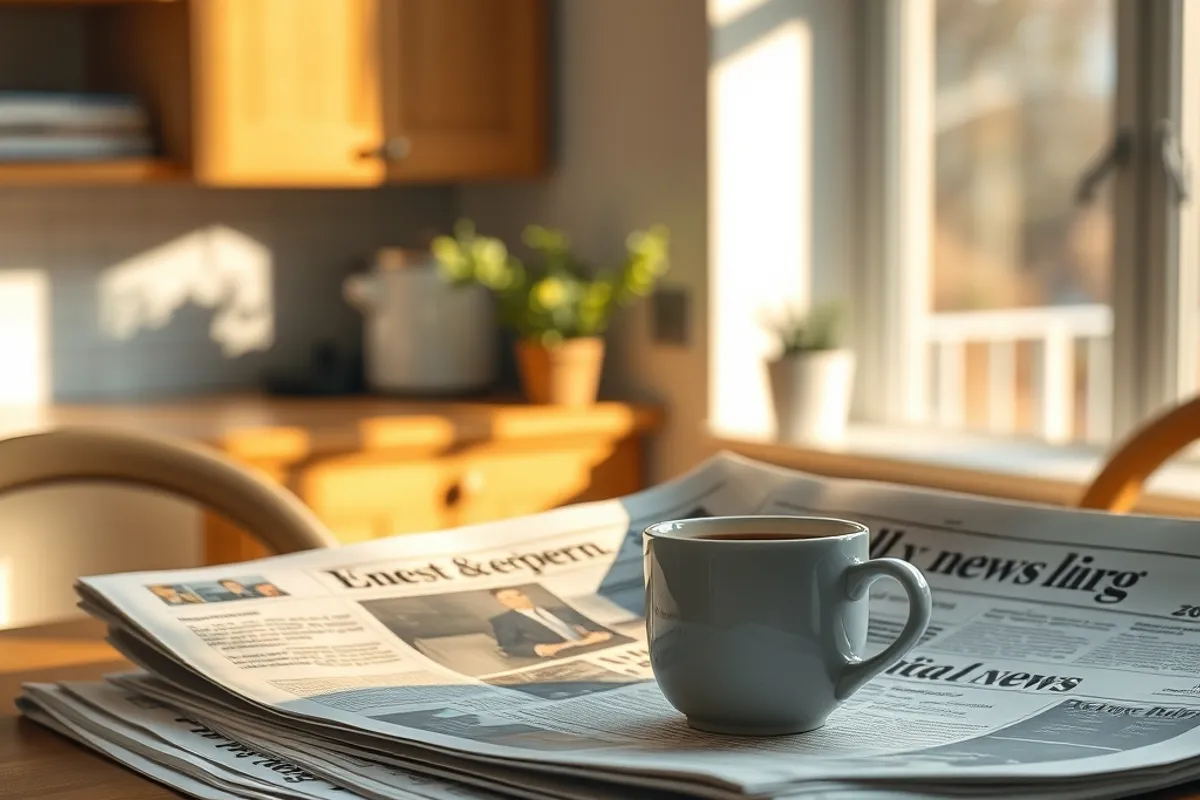 newspaper and coffee on a kitchen table in early morning light