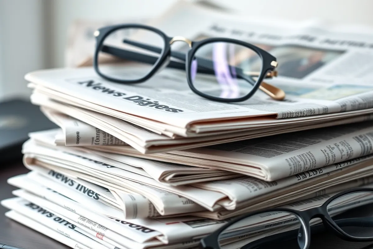 stack of newspapers with a marker and reading glasses on a desk