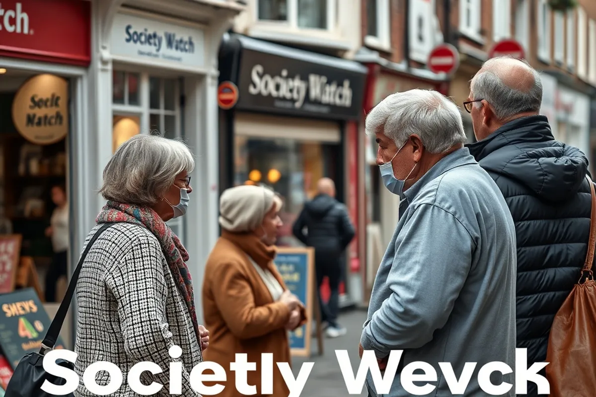 neighbours talking on a city street outside small shops