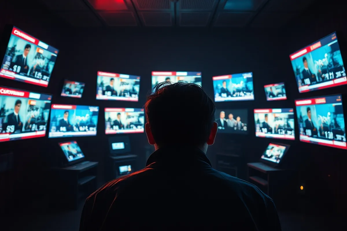person surrounded by floating news screens in a dim room