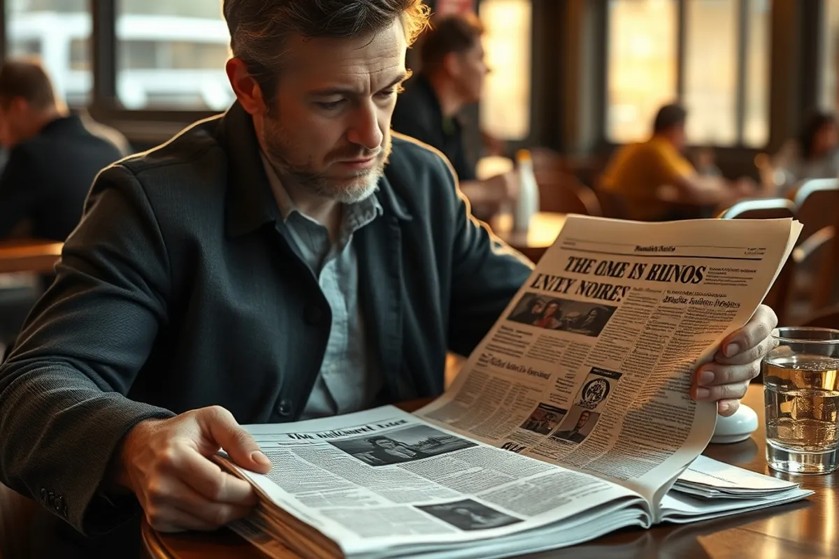 reader highlighting a printed article at a cafe table