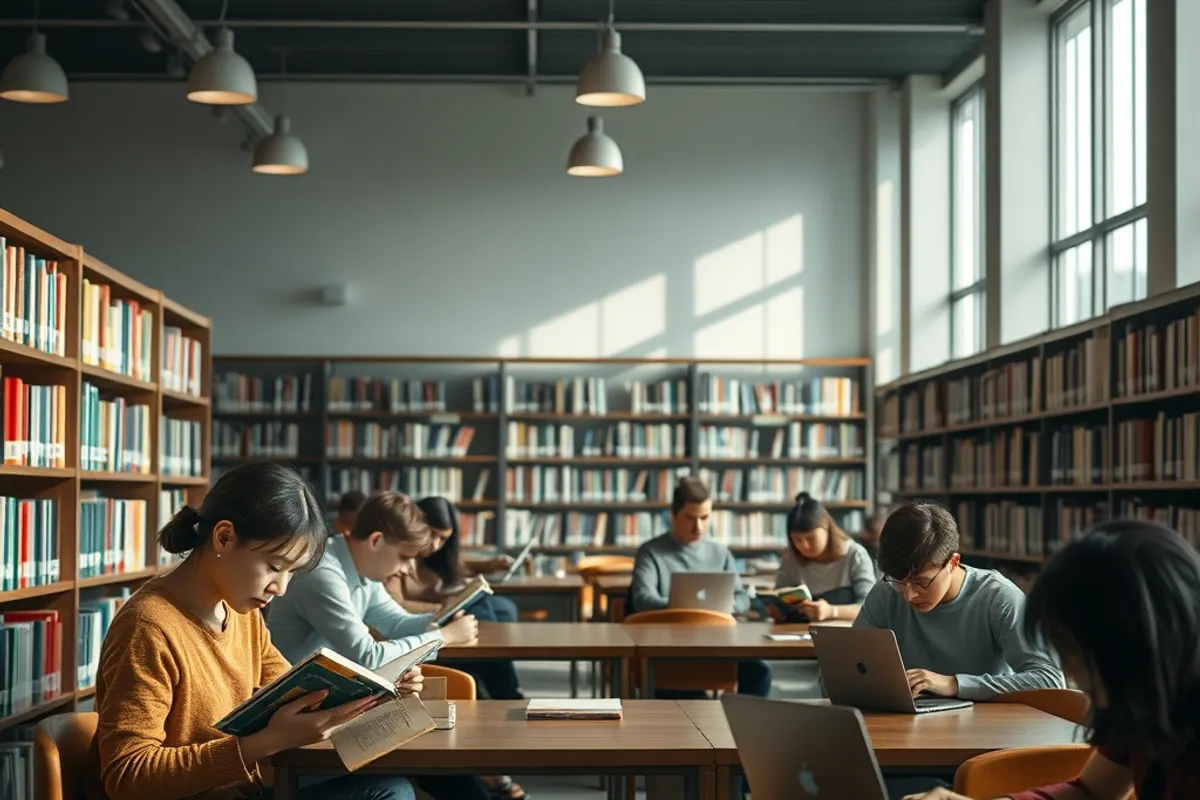library reading room with people focused on books and laptops
