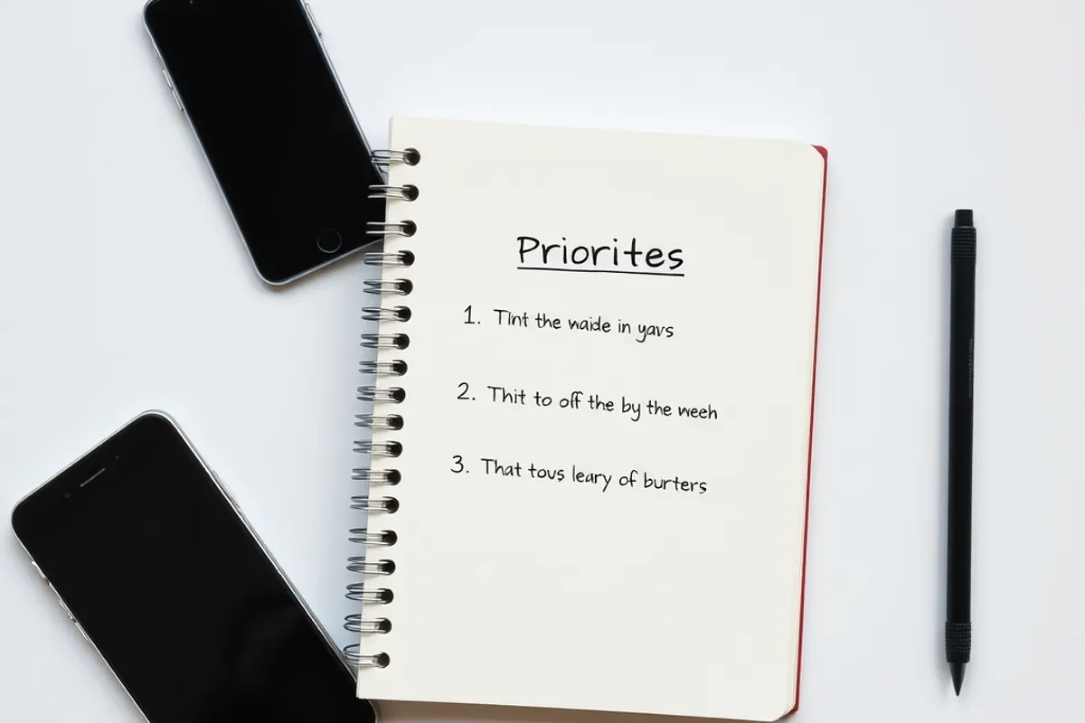 notebook listing three priorities beside a switched off phone