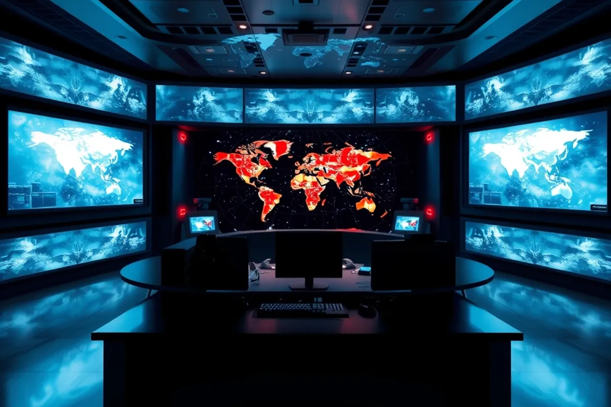 newsroom desk with a world map and multiple screens