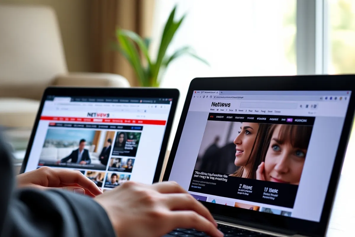 person comparing two news sources side by side