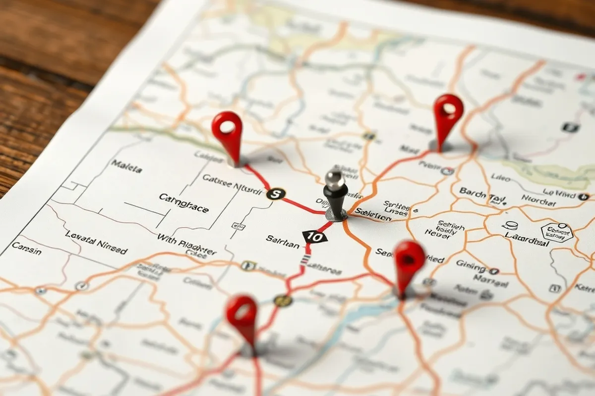 close up of a map with a route and pinned locations