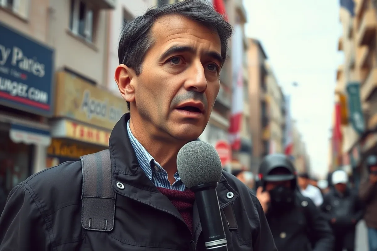 correspondent speaking into a microphone in a foreign city