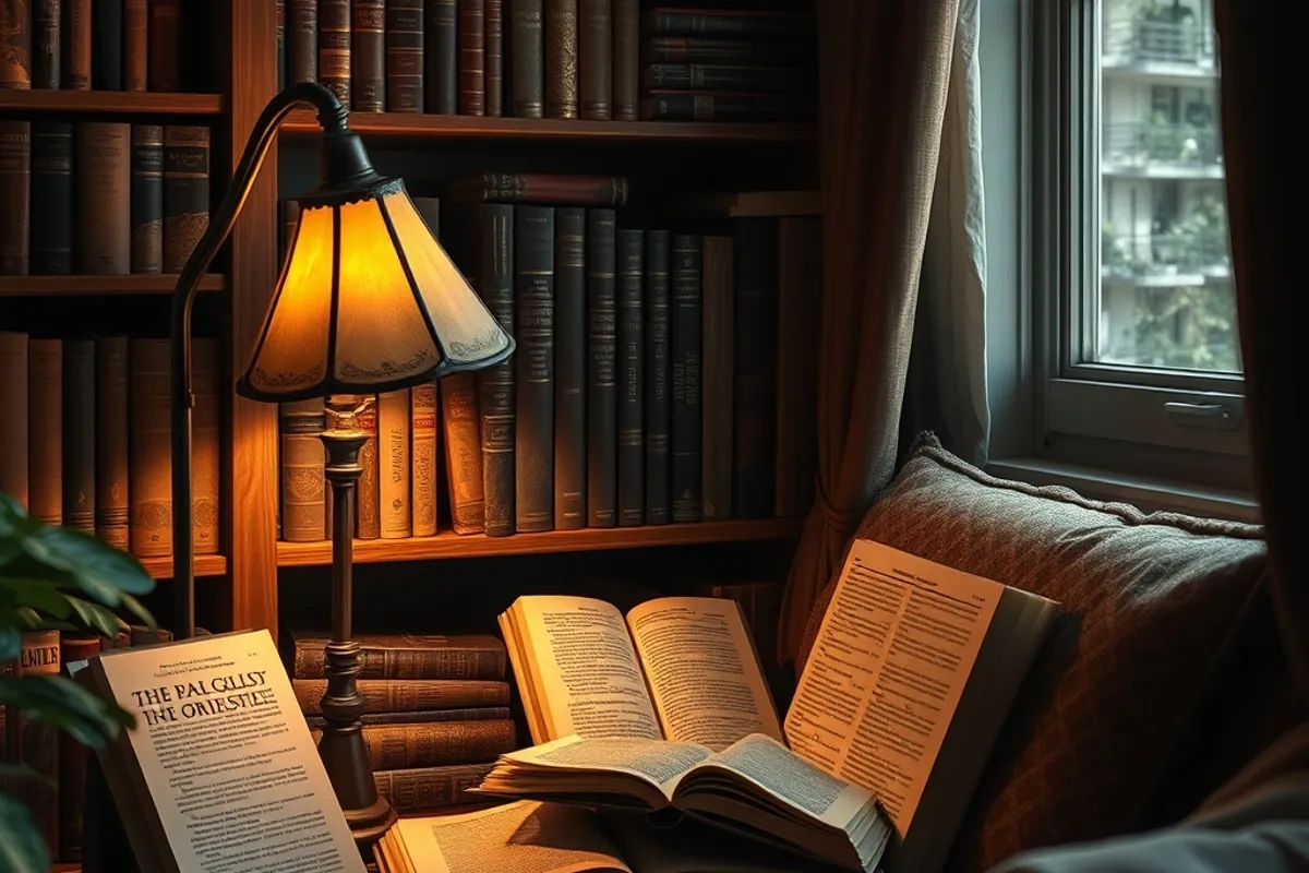 quiet reading corner with world history books and a lamp