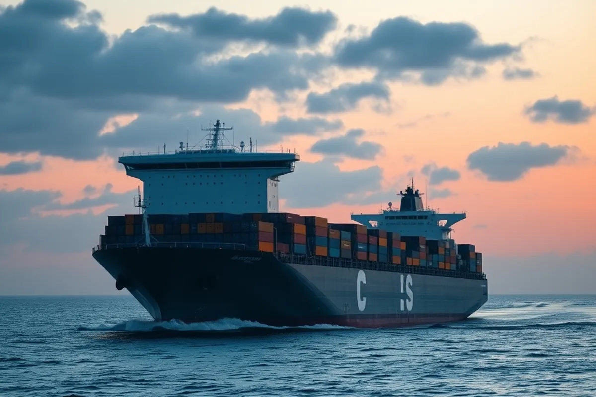 container ship crossing open sea at dawn