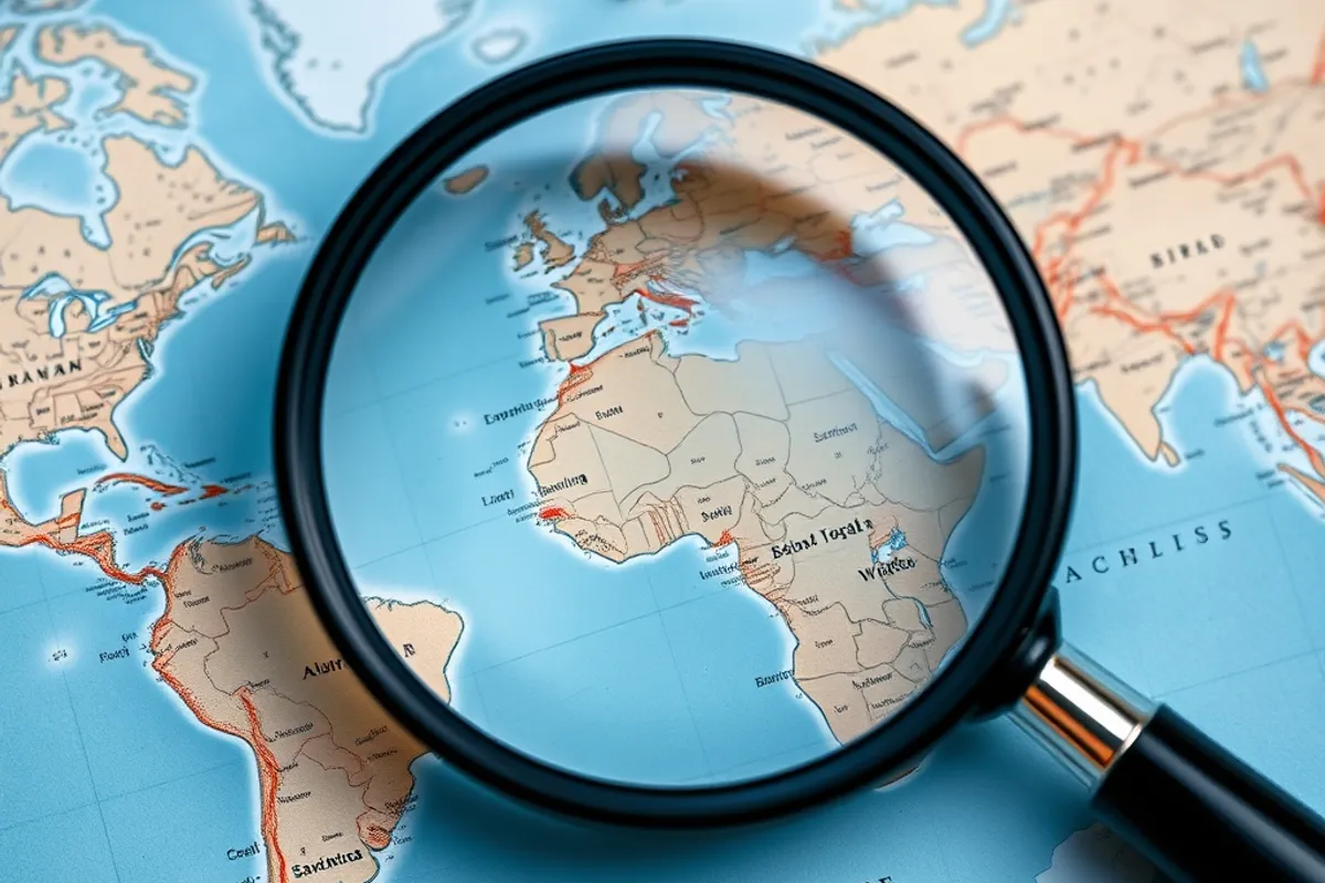 world map with small pins and a magnifying glass on a desk