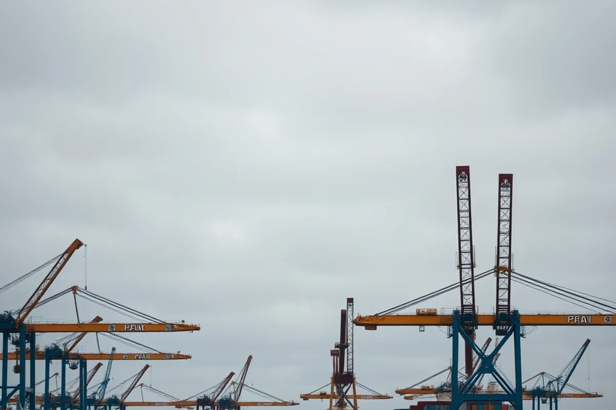 cargo port with cranes under an overcast sky