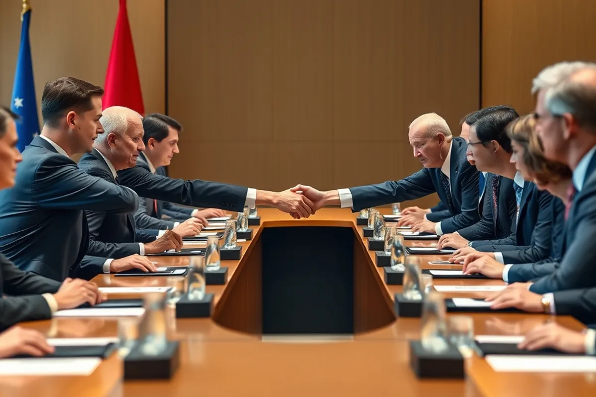 diplomats shaking hands at a long conference table