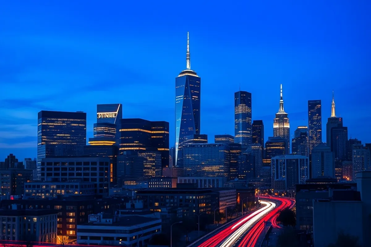 city skyline at dusk with lit windows and traffic trails