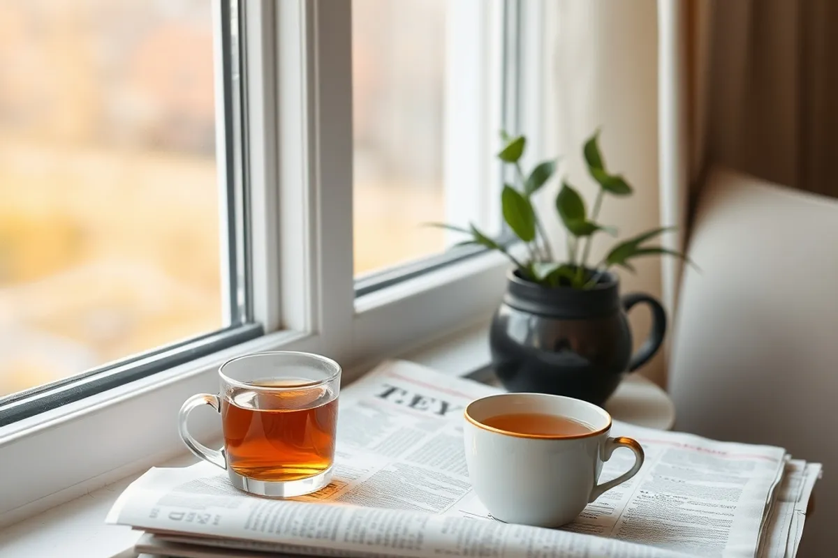 calm morning scene with a newspaper and tea by a window