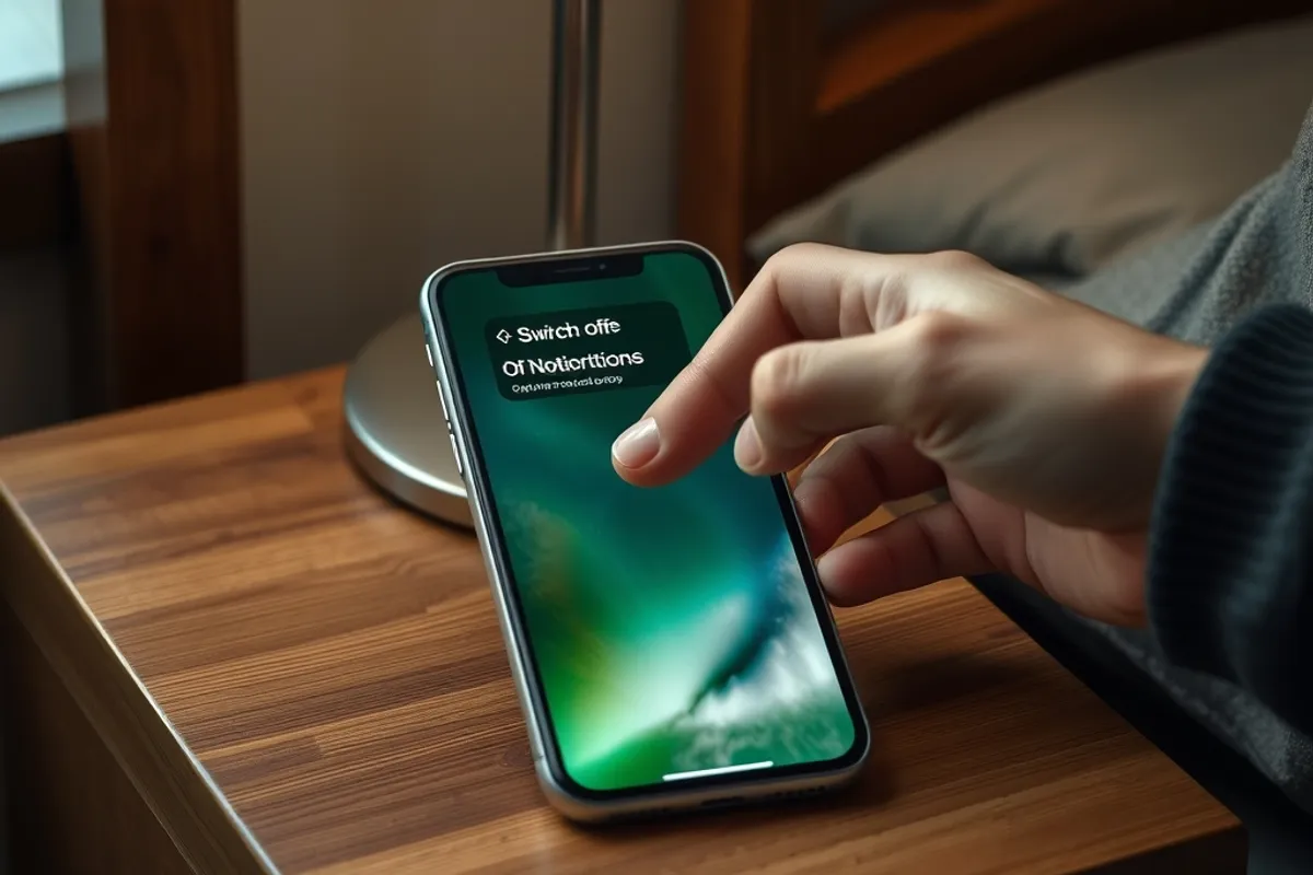 hand switching off phone notifications on a bedside table