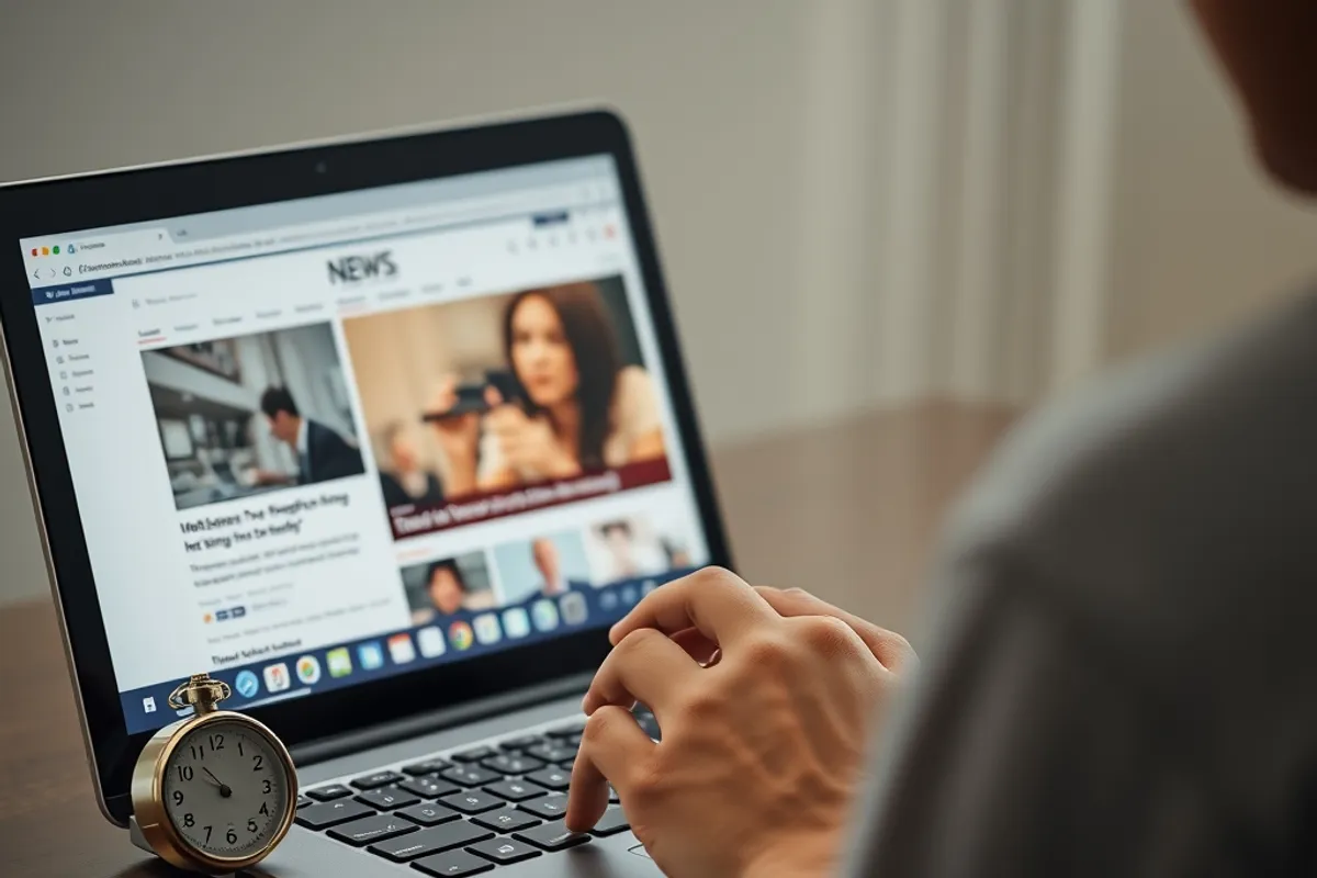 person reading a news site on a laptop with a timer beside it