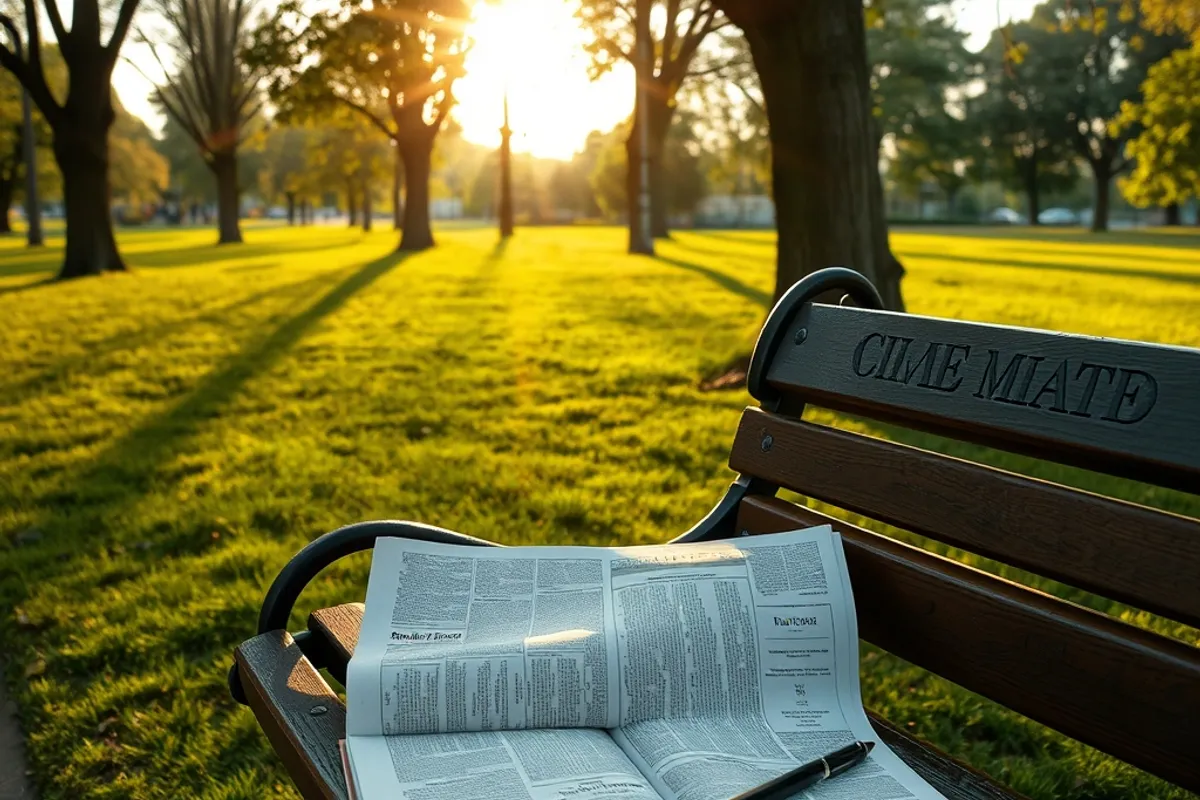 sunlit park bench with a closed newspaper and a notebook
