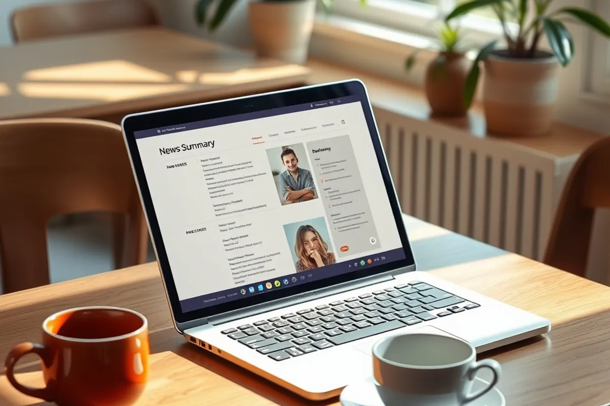 breakfast table with a laptop open to a news summary
