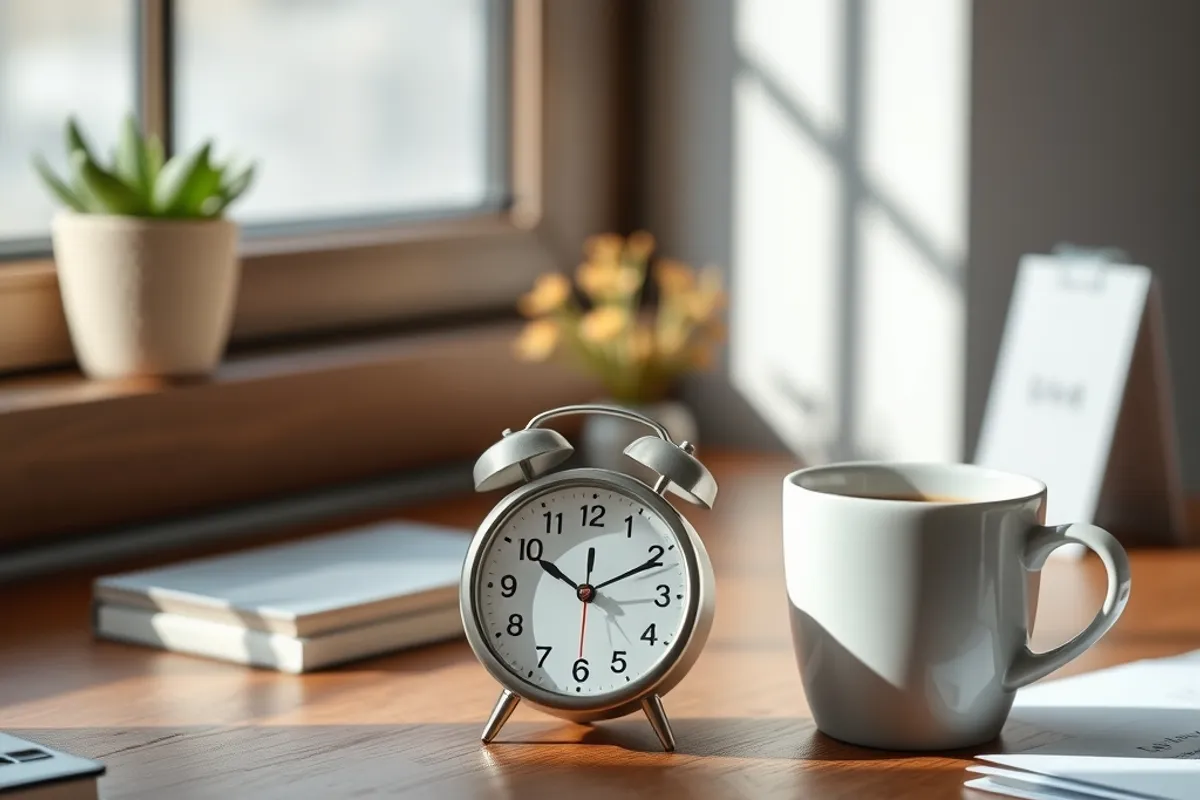 clock and coffee cup on a desk in morning light