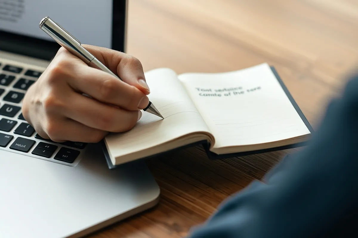 hand writing one sentence in a small notebook