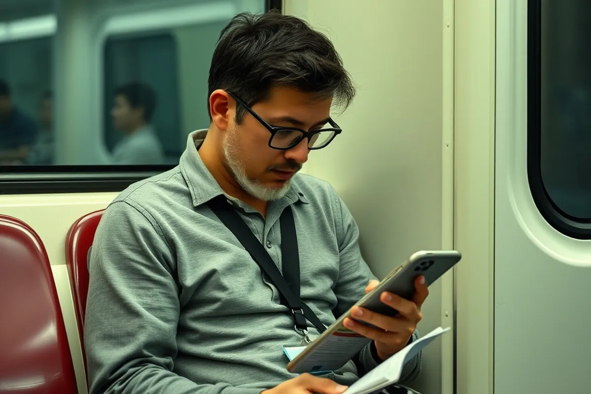 commuter reading a short briefing on a phone on a train