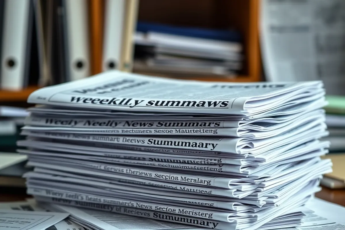 weekly news summaries printed and stacked on an editor desk
