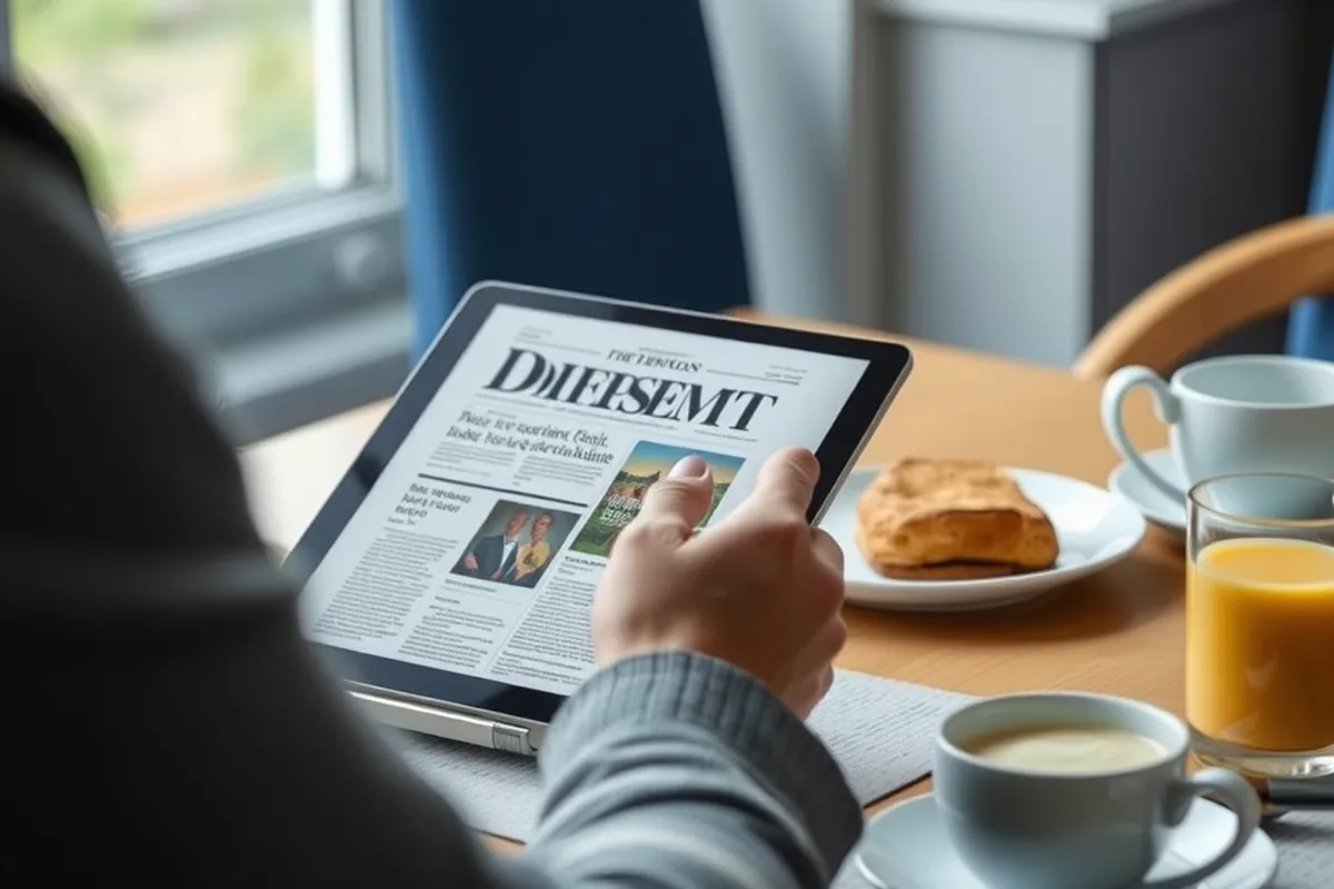 reader skimming a digest on a tablet at breakfast