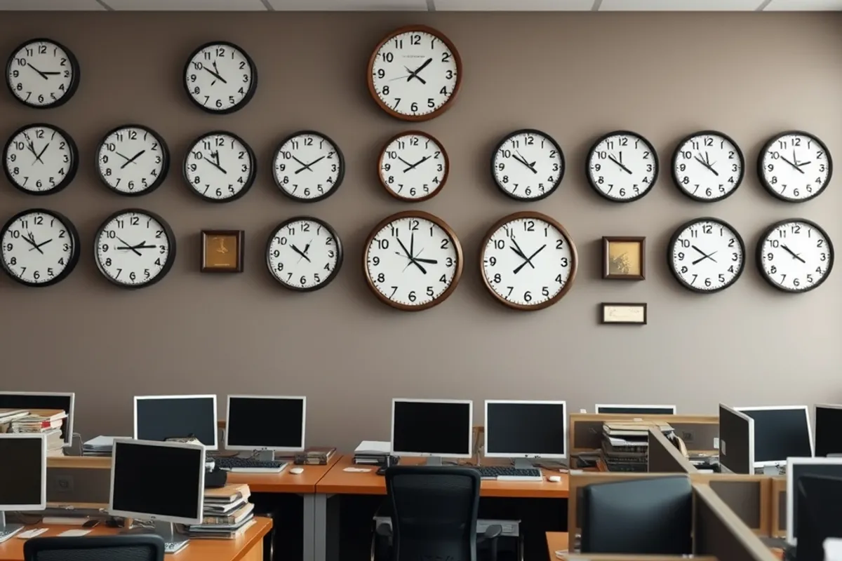 wall of clocks in a newsroom above editorial desks