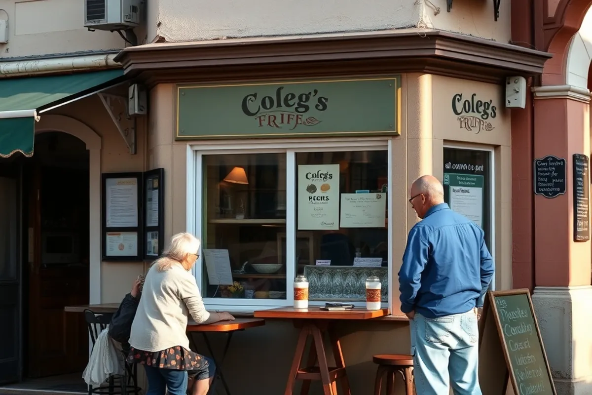 neighbours chatting outside a small corner cafe