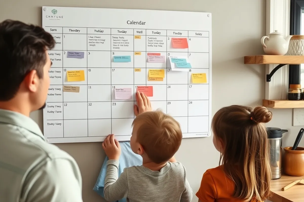 family organising a weekly schedule on a kitchen wall