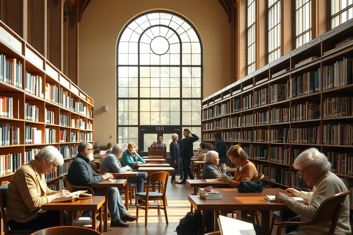 public library reading room with people of different ages
