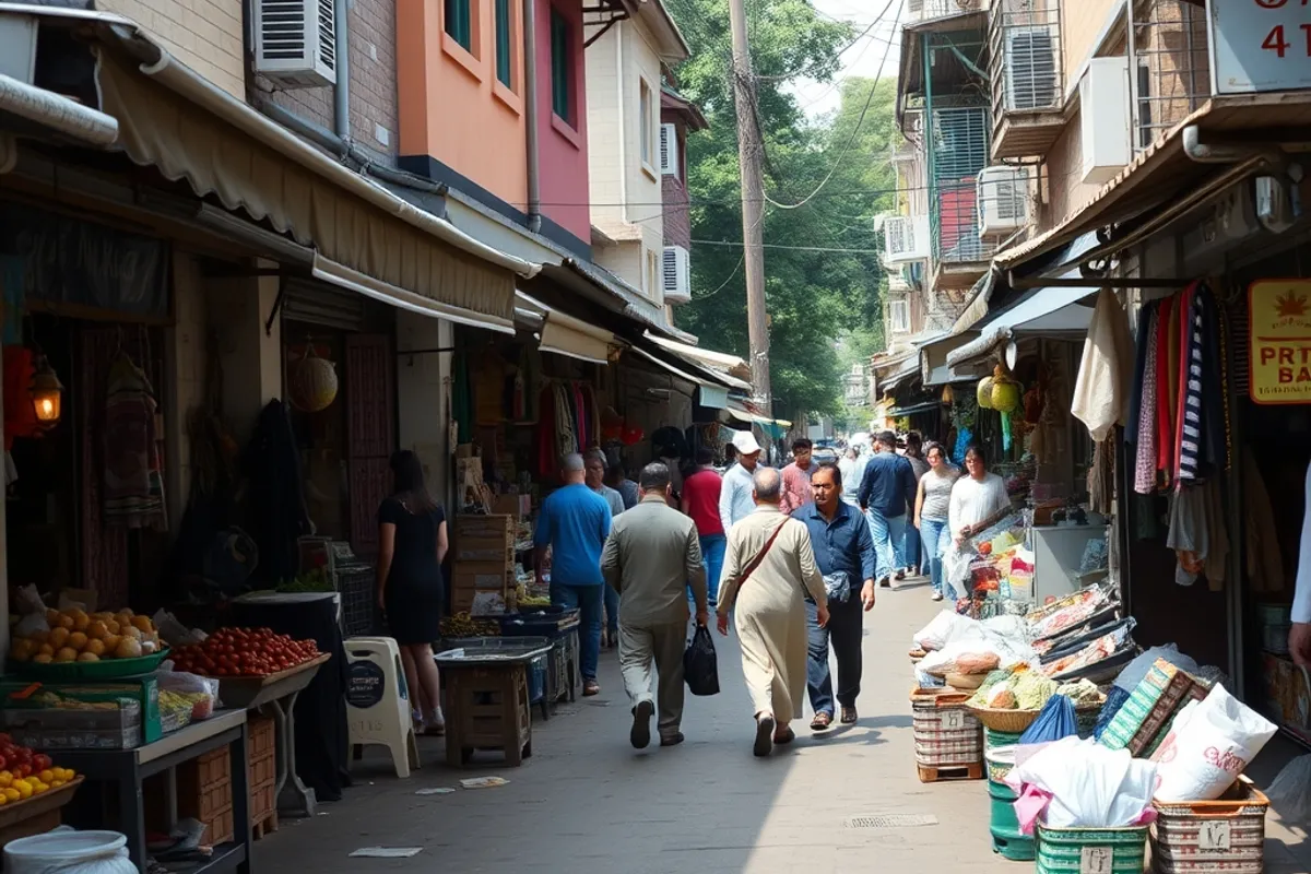 local market street with stalls and shoppers