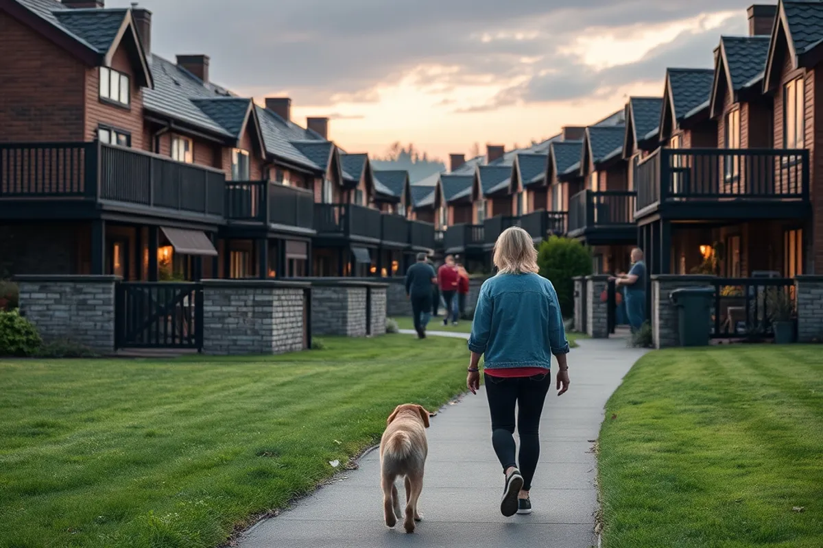 person walking a dog past terraced houses in the evening