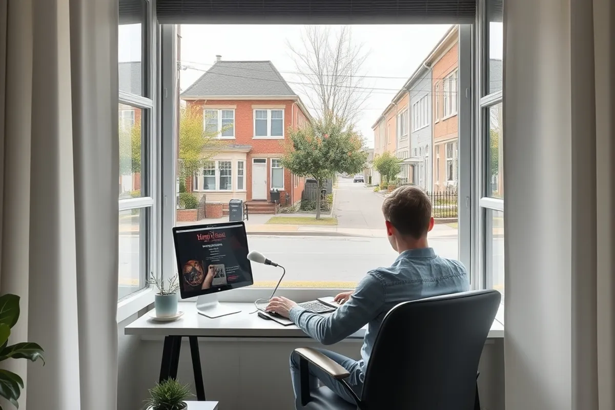 person working from a home office with a view of the street