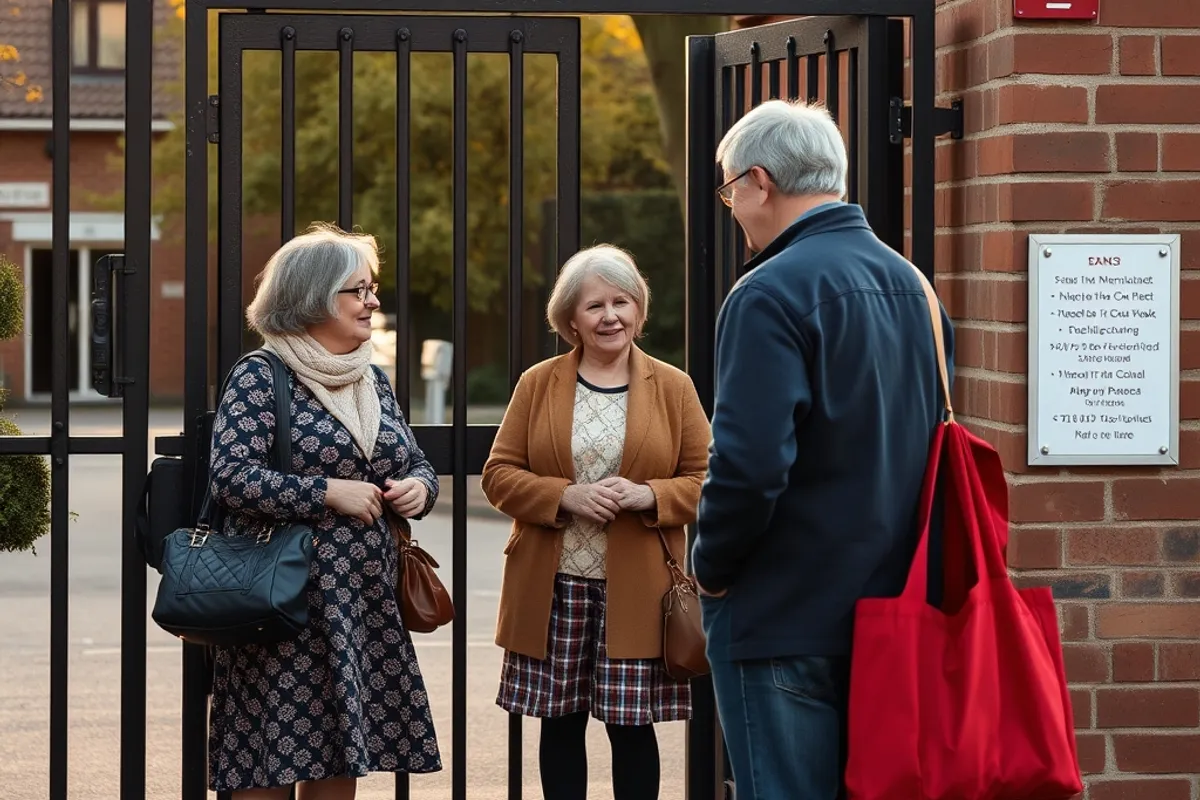 parents chatting at a school gate in the afternoon