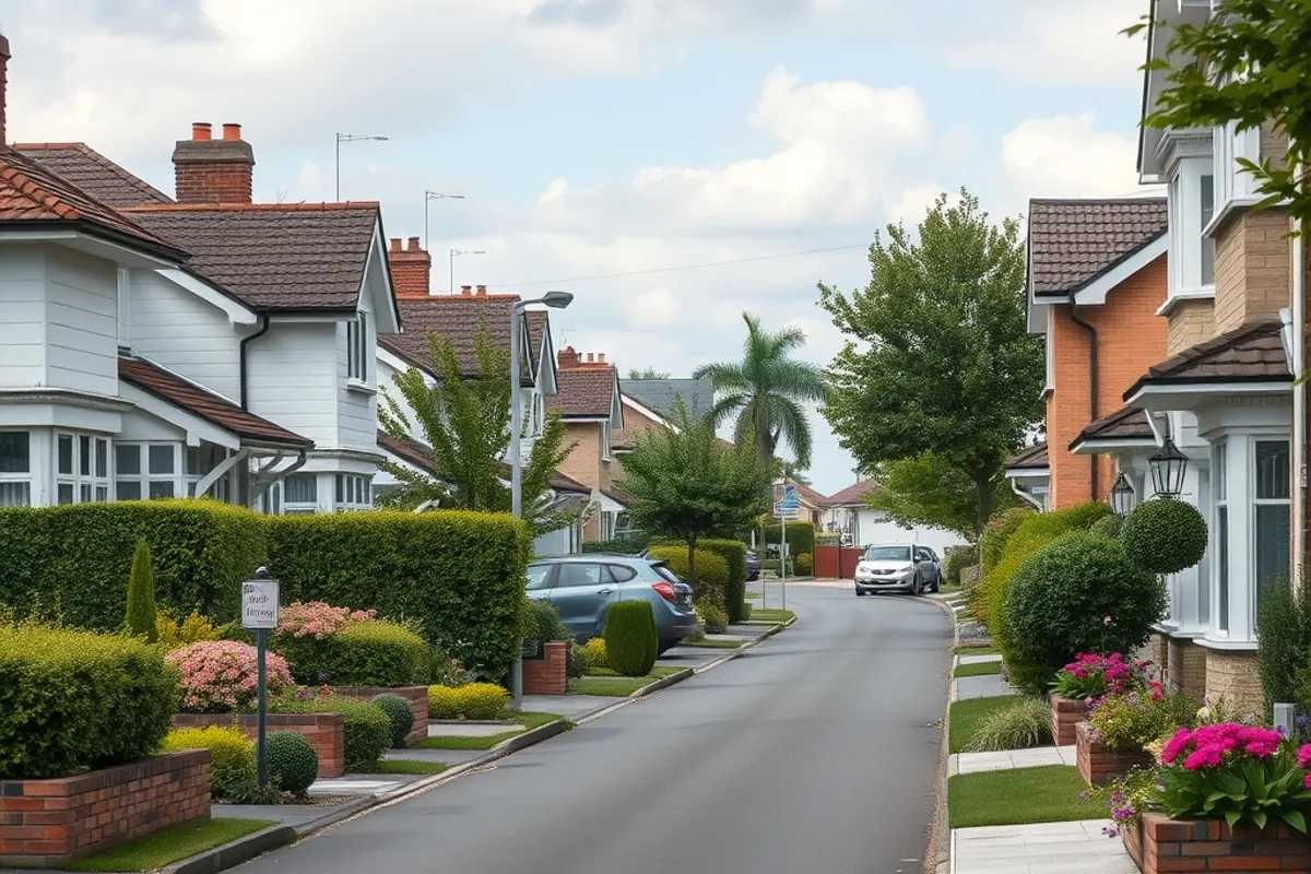 quiet suburban street with houses and front gardens