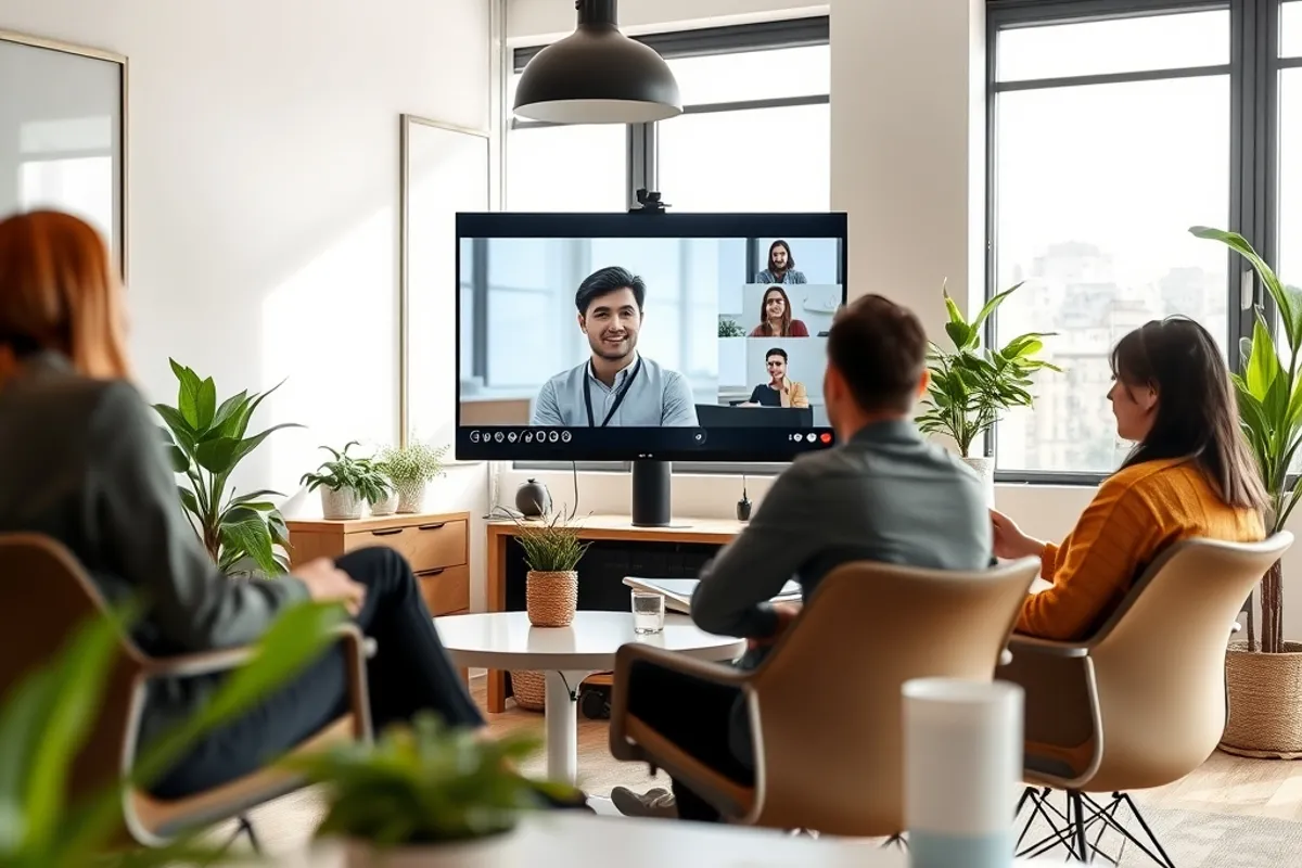 team meeting in a bright hybrid office with video call on screen