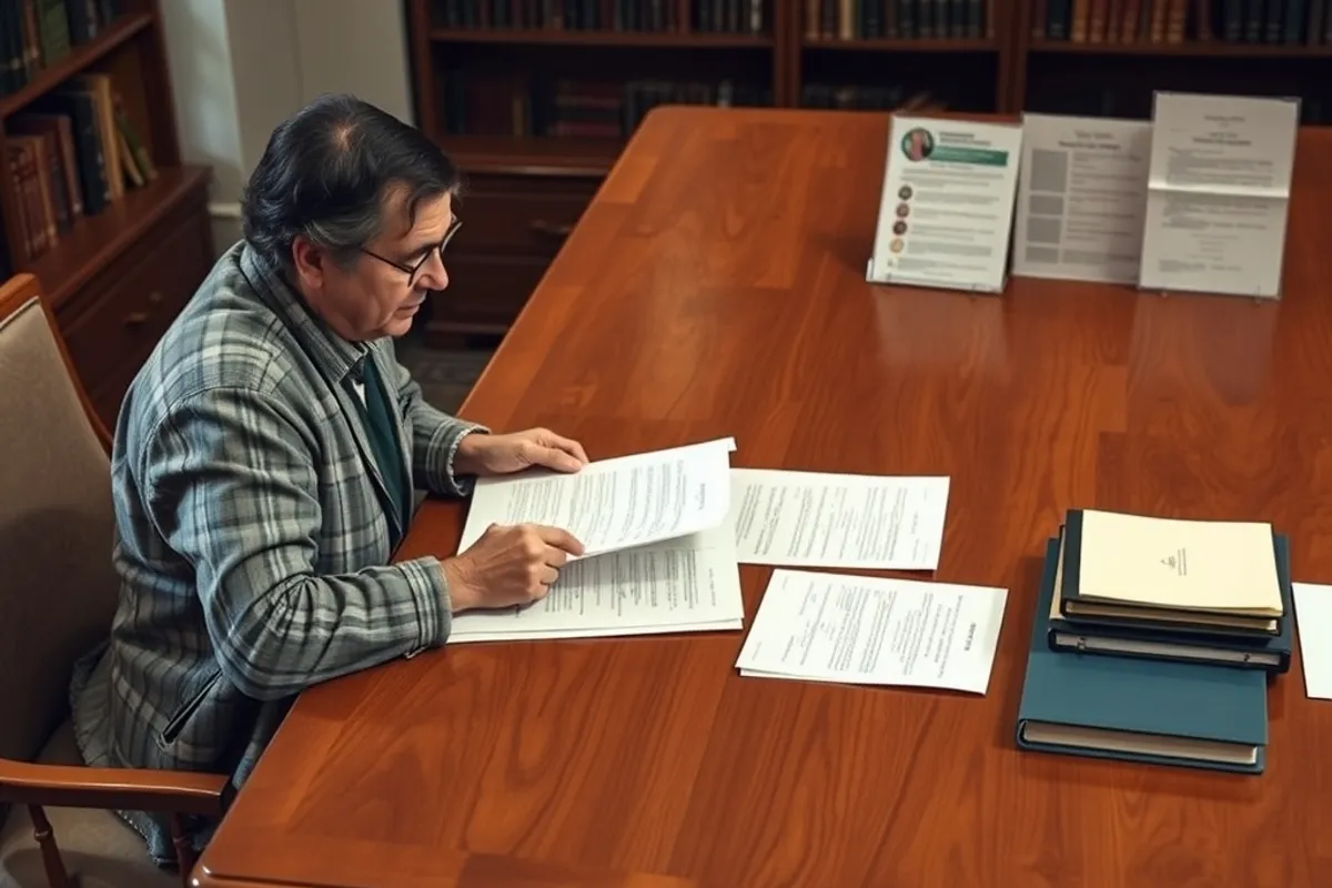 editor comparing primary documents on a large desk
