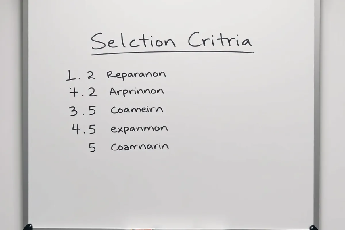 whiteboard with five selection criteria written in marker