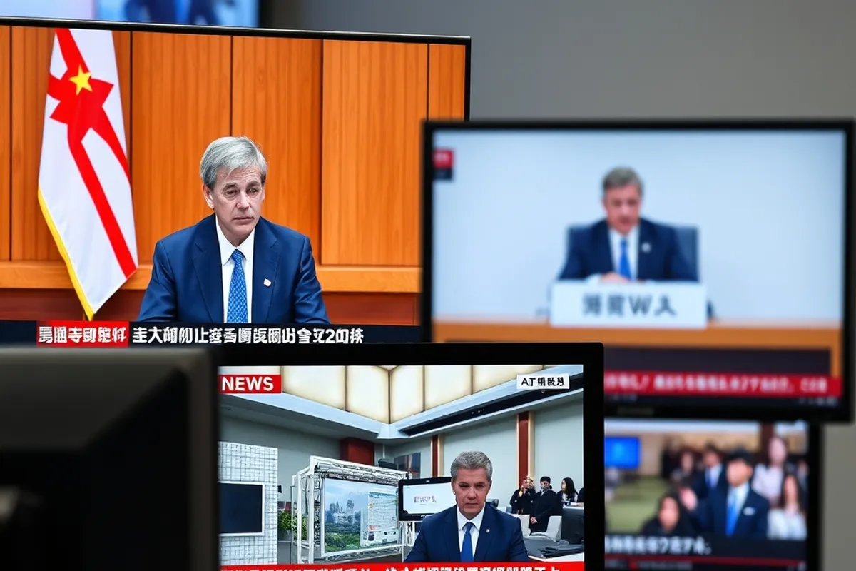 two monitors showing a report and its news coverage