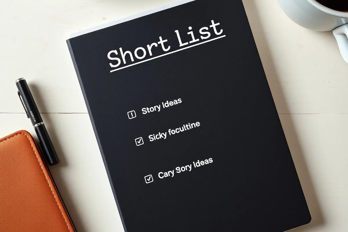 notebook with a shortlist of four story ideas