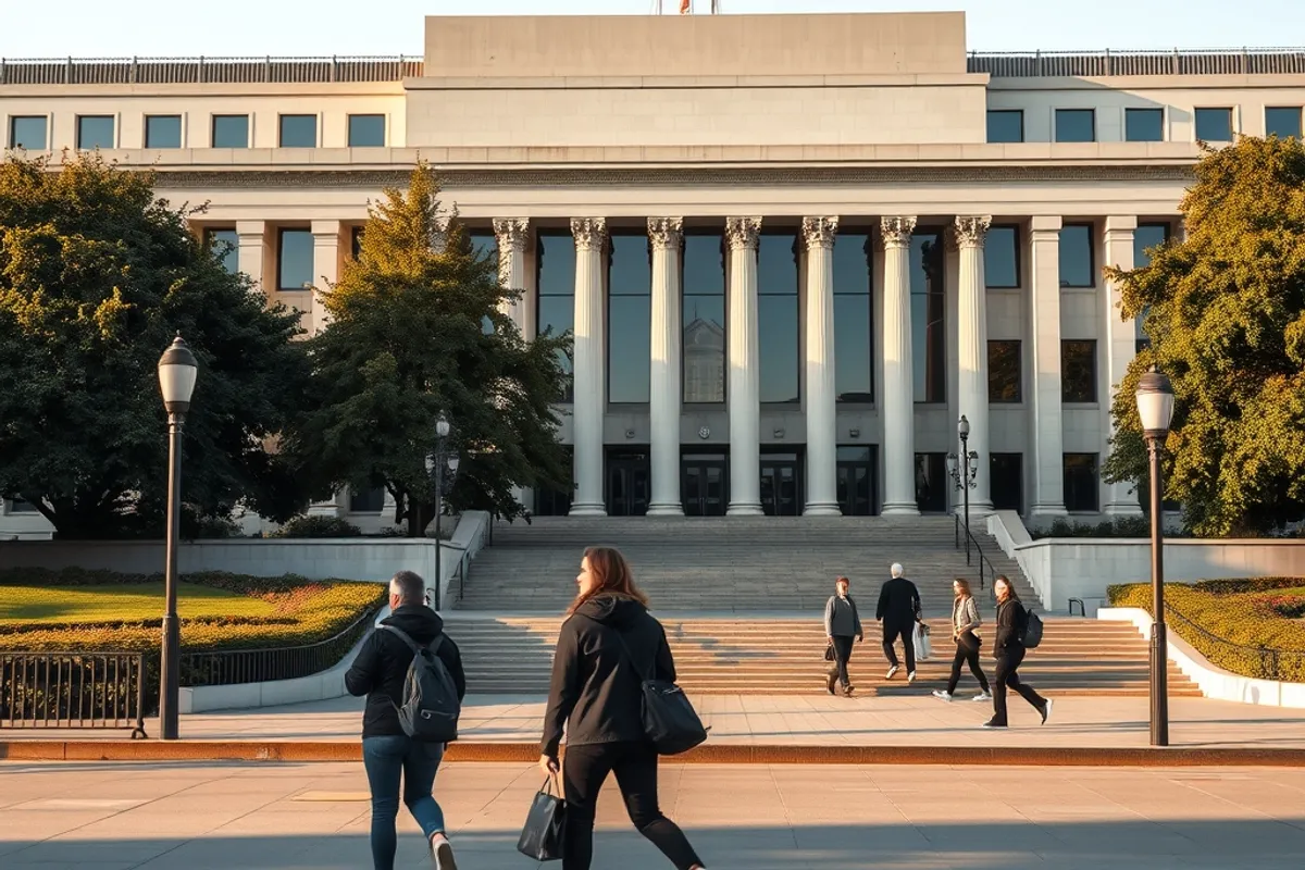 people walking past a government building in soft afternoon light