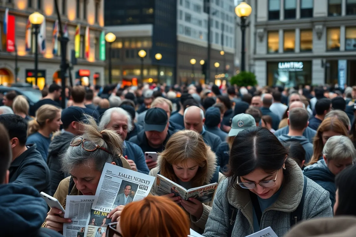 crowd reading news on their phones in a city square
