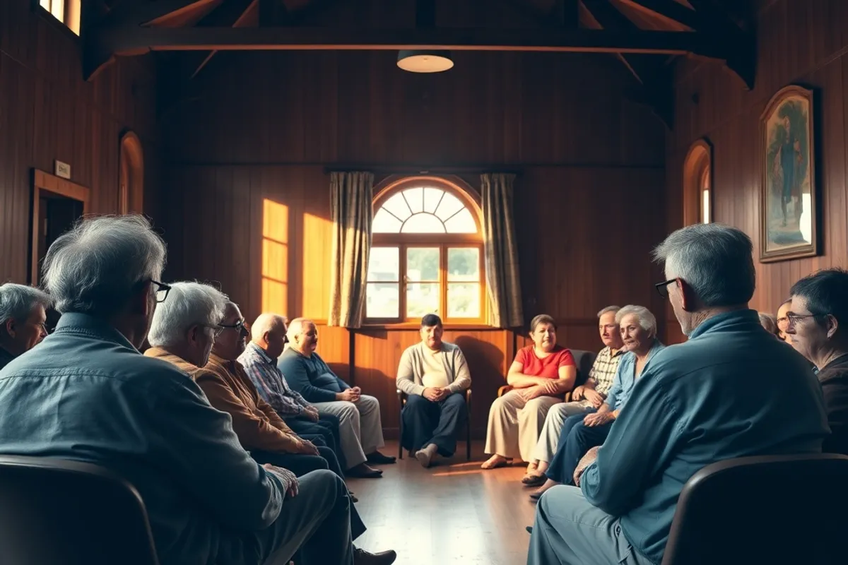 community meeting in a local hall with residents seated in a circle
