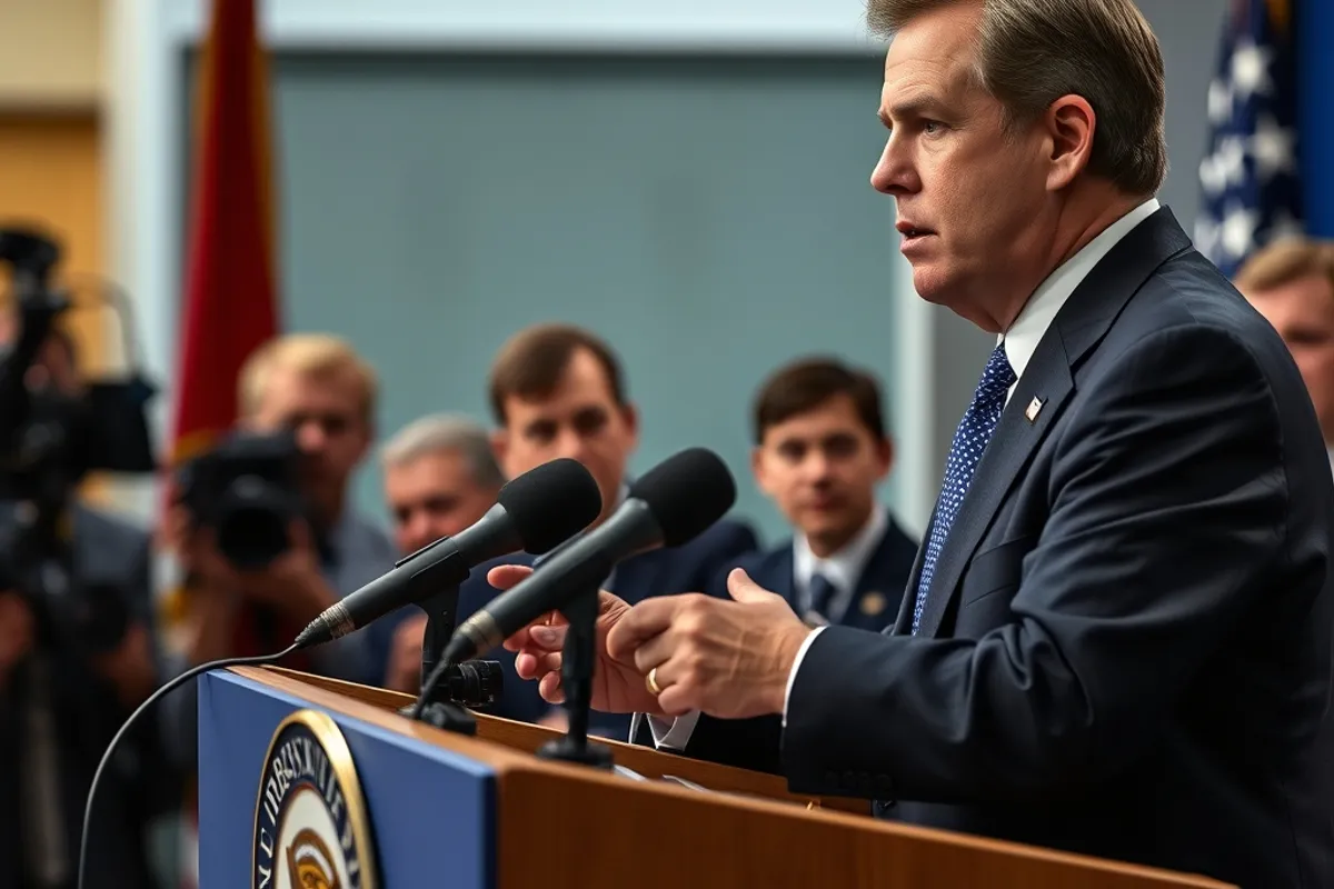 official at a press briefing answering questions at a podium